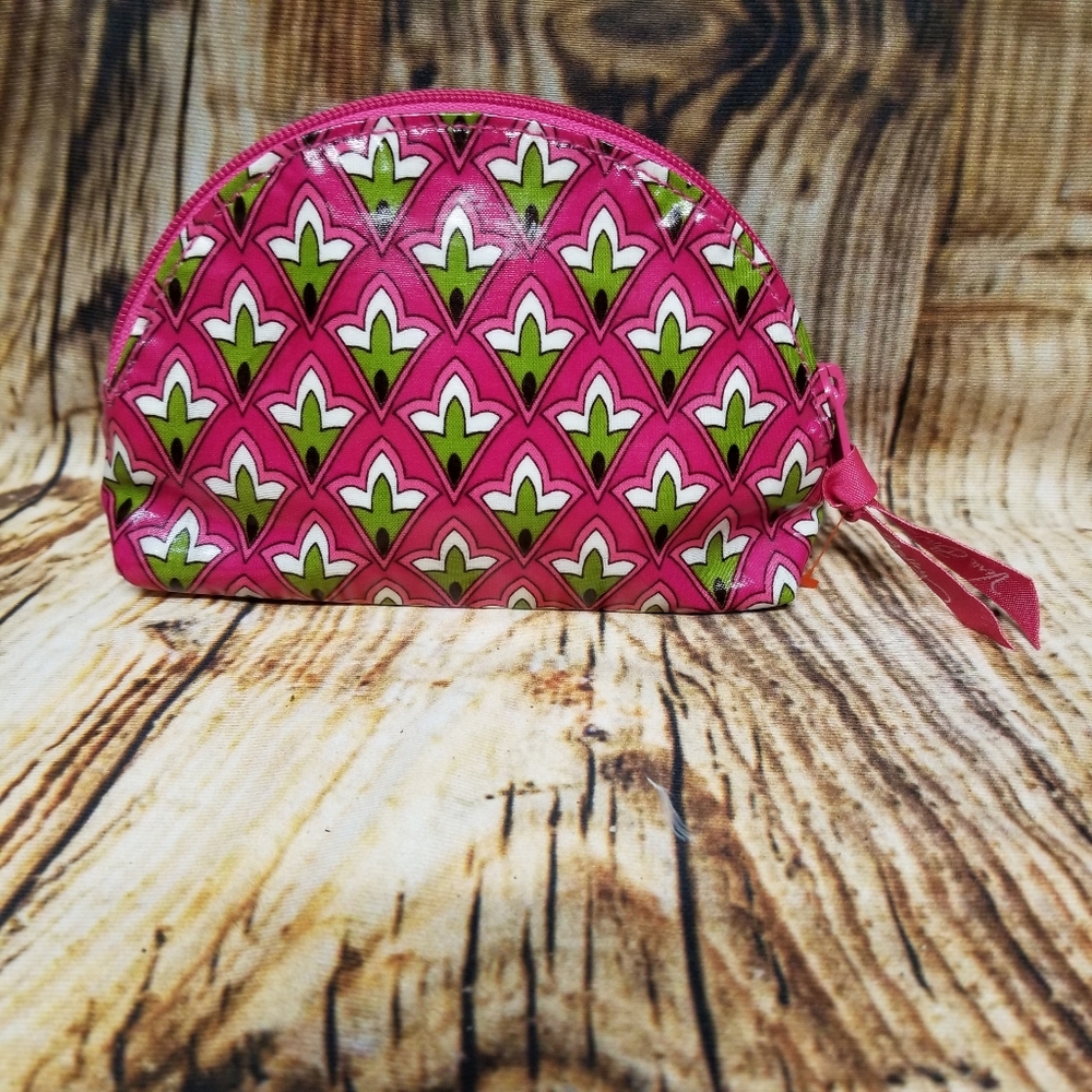 Vera Bradley Petite Pink Pattern Vinyl 3/4 Zip Cosmetic Bag Small Travel